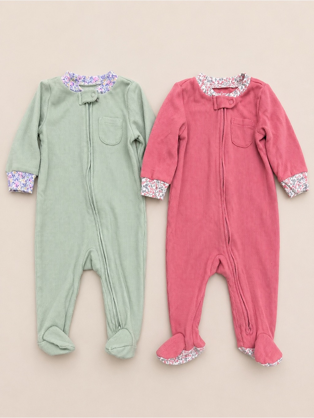 Set of 2 Floral-Trim Footed Pajamas for Kids — Sage Green & Rose Pink